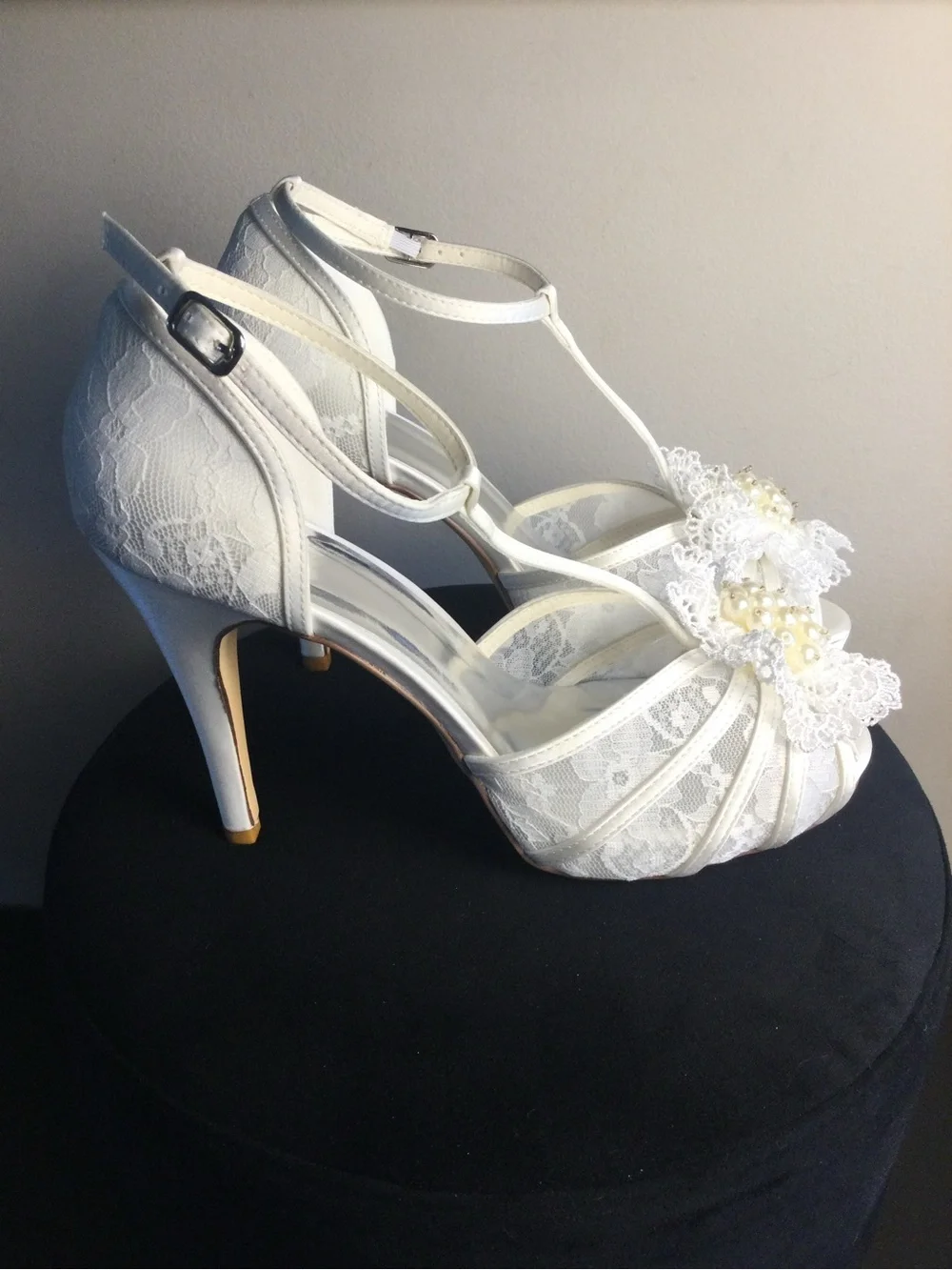 White Lace Pearl-Embellished T-Strap High Heel